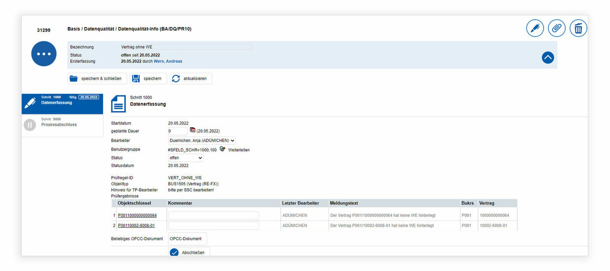Abbildung 2: Mittels easysquare workflow können Mitarbeitende auf notwendige Folgeaktivitäten nach einer Datenprüfung hingewiesen werden, von wo sie direkt in die Bearbeitung abspringen können. Datenqualitätsprozess in easysquare workflow erleichtern notwendige Folgeaktivitäten durch eine Datenprüfung
