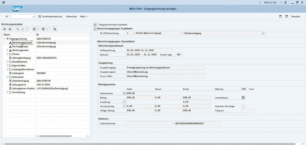 Abbildung 1: Nach dem Einlesen einer Rechnung können Details zur Eingangsrechnung eingesehen werden, wie z. B. hier die Struktur in Form der Abrechnungsgruppen.  Struktur der Abrechnungsgruppen in der digitalen Rechnungseingangsverarbeitung mit Aareal Bank und PROMOS consult