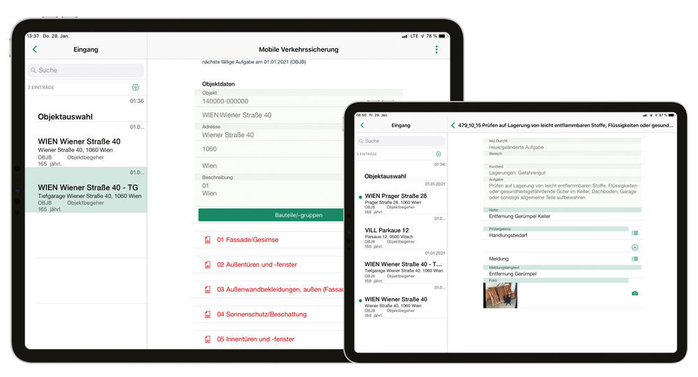 Abbildung 2: In der easysquare App sieht der Objektbegeher seine Prüfaufgaben und kann diese Schritt für Schritt abarbeiten. Ein Handlungsbedarf kann direkt in der App dokumentiert werden, wodurch nach dem Versenden in SAP ® automatisch eine Meldung erzeugt wird. Die easysquare Professional App als ideale Ergänzung zur Erledigung der Prüfaufgaben im Rahmen der Verkehrssicherungspflichten vor Ort im BUWOG Bestand