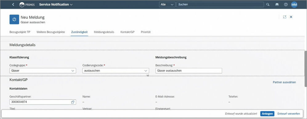 Abbildung 2: Die Meldungserfassung erfolgt über eine aufgeräumte und auf das Wesentliche fokussierte Erfassungsmaske. Erfassungsmaske für die Schadensmeldung im Fiori Launchpad von PROMOS