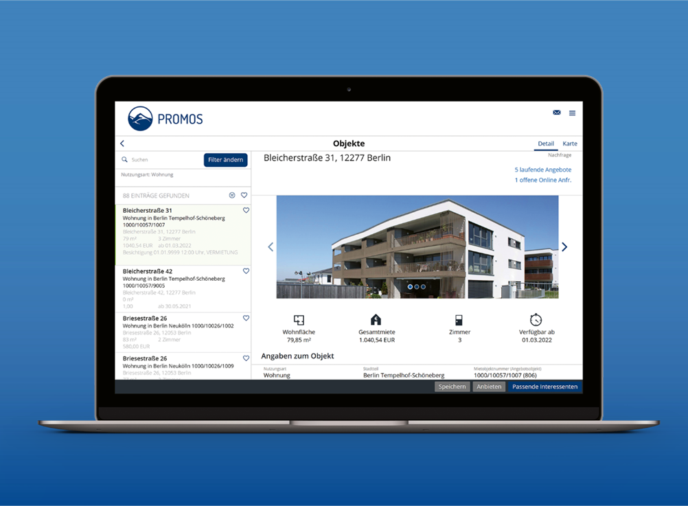 Mit der easysquare Vermietungslösung digitalisieren Sie Ihre Vermietungsprozesse. Sämtliche Immobilienstammdaten liegen synchronisiert in der Anwendung vor, so dass Sie jederzeit Einblick in Ihre Objekte erhalten und die Vermarktung vollständig digital anstoßen können – am PC im Büro oder unterwegs auf dem mobilen Endgerät. Das easysquare Vermietungstool deckt alle Aufgaben im Vermietungsprozess ab.