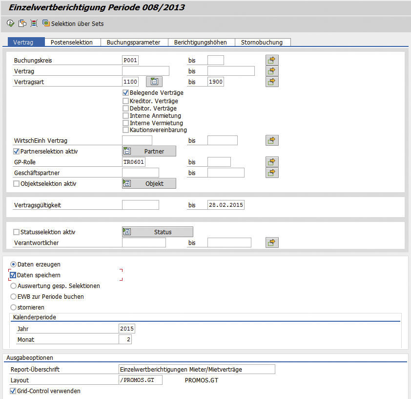 Abbildung 1: Einstiegsbildschirm mit freier Selektion über RE-Objekte. PROMOS Einzelwertberichtigung: Einstiegsbildschirm mit freier Selektion über RE-Objekte