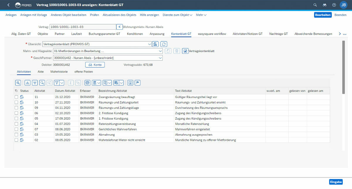 Sämtliche Vorgänge zu einem Mahn- und Klagefall in chronologischer Reihenfolge in der PROMOS Mahn- und Klageakte