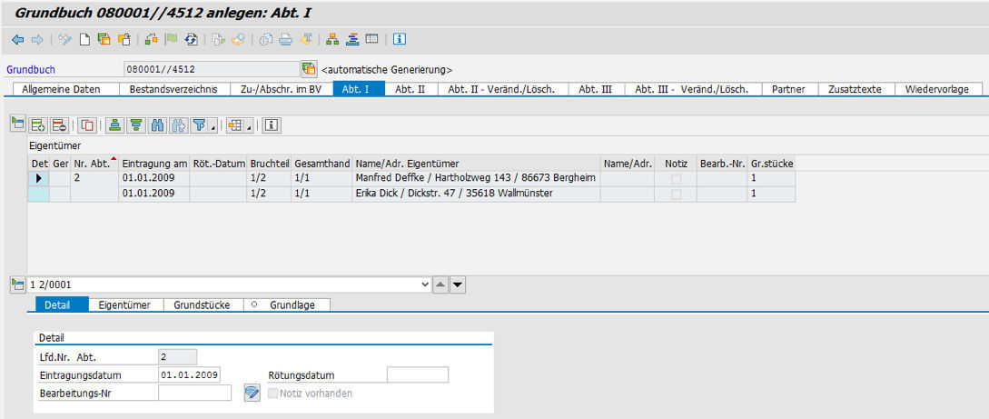 Grundbuch – Detail zu Abteilung 1 in der Liegenschaftsverwaltung