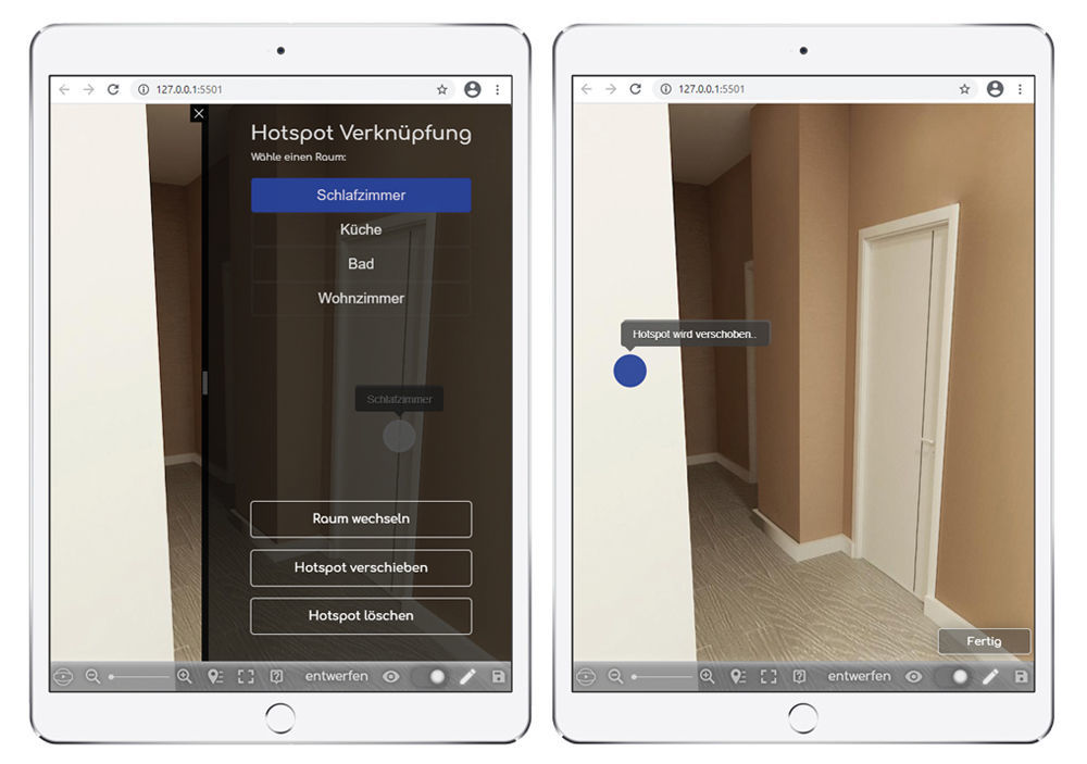 Abbildung 4 und 5: Im Entwurfsmodus der Vermieter-App können ganz einfach Hotspots mit Räumen verknüpft werden.  Entwurfsmodus zur Erstellung von 360-Grad Besichtigungen in der easysquare Vermietungslösung
