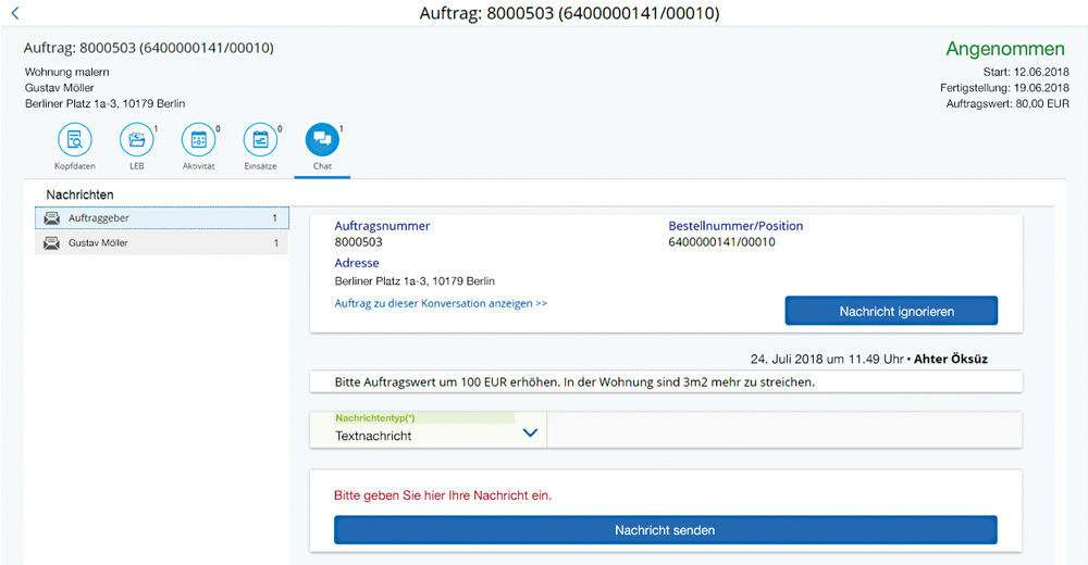 Abbildung 1: Chat mit dem Auftraggeber zum Auftrag im Handwerkerportal.  Chat mit dem Auftraggeber zum Auftrag im easysquare Handwerkerportal