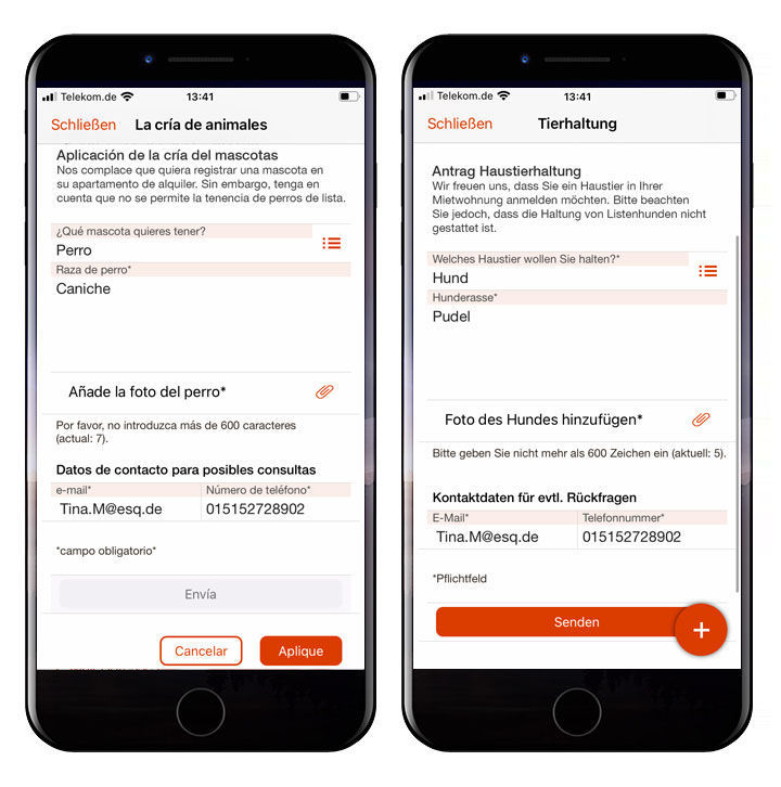 Nun kann der Nutzer das Formular in der gewünschten Sprache ausfüllen. Nach Klick auf den Button „Akzeptieren“ werden die relevanten Felder ins Deutsche rückübersetzt. Das Formular kann nun versendet werden. Die neue Übersetzungsfunktion der easysquare Mieter-App ermöglicht eine Übersetzung wichtiger Formulare in beide Richtungen.