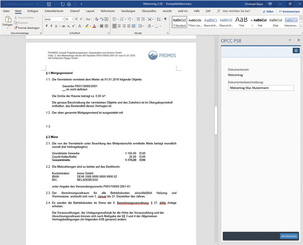 Abbildung 1: Das aufgerufene Dokument wird in Microsoft ® Word geöffnet. Über eine integrierte Fiori ® -App wird die Kommunikation mit SAP ® gesteuert. Microsoft Word Integration in OPCC mit SAP Fiori