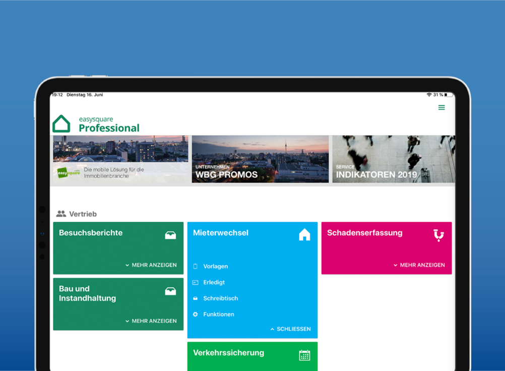 Alle Szenarios im Immobilienmanagement lassen sich mit der digitalen Bearbeitung in der easysquare Professional App vereinfachen – egal ob Mieterwechsel, Verkehrssicherung, Leerwohnungssanierung oder Schadenserfassung. easysquare Professional App für das digitale Objektmanagement von Immobilien