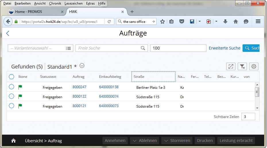 Liste selektierter Aufträge im easysquare Handwerkerportal