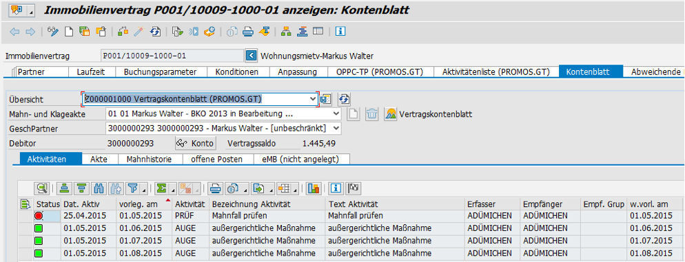 Sämtliche Vorgänge zu einem Mahn- und Klagefall in chronologischer Reihenfolge in der PROMOS Mahn- und Klageakte 