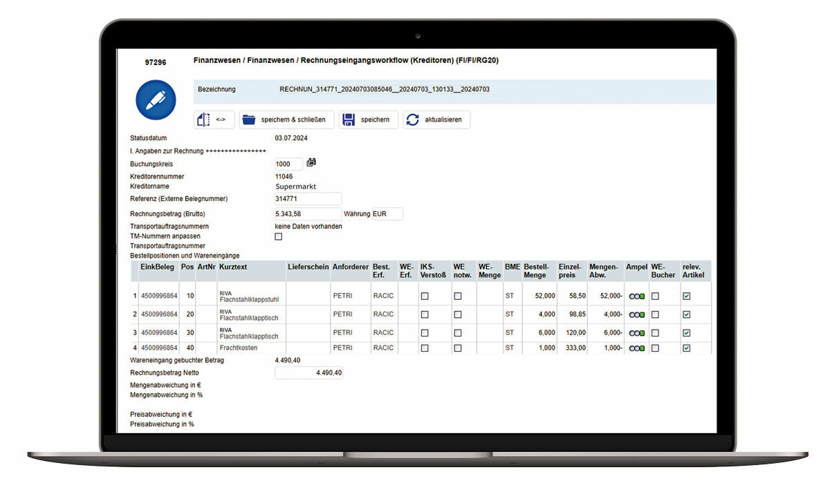 Abbildung 2: Im Wareneingangsmonitor sind alle Bestellungen gelistet mitsamt aller wichtigen Daten, wie der Wareneingangs- und Bestellmenge und eventuellen Mengen- und Preisabweichungen, die durch die Ampel verdeutlicht werden. Digitaler Wareneingangsmonitor als Übersicht sämtlicher Bestellungen für Großhandelsunternehmen