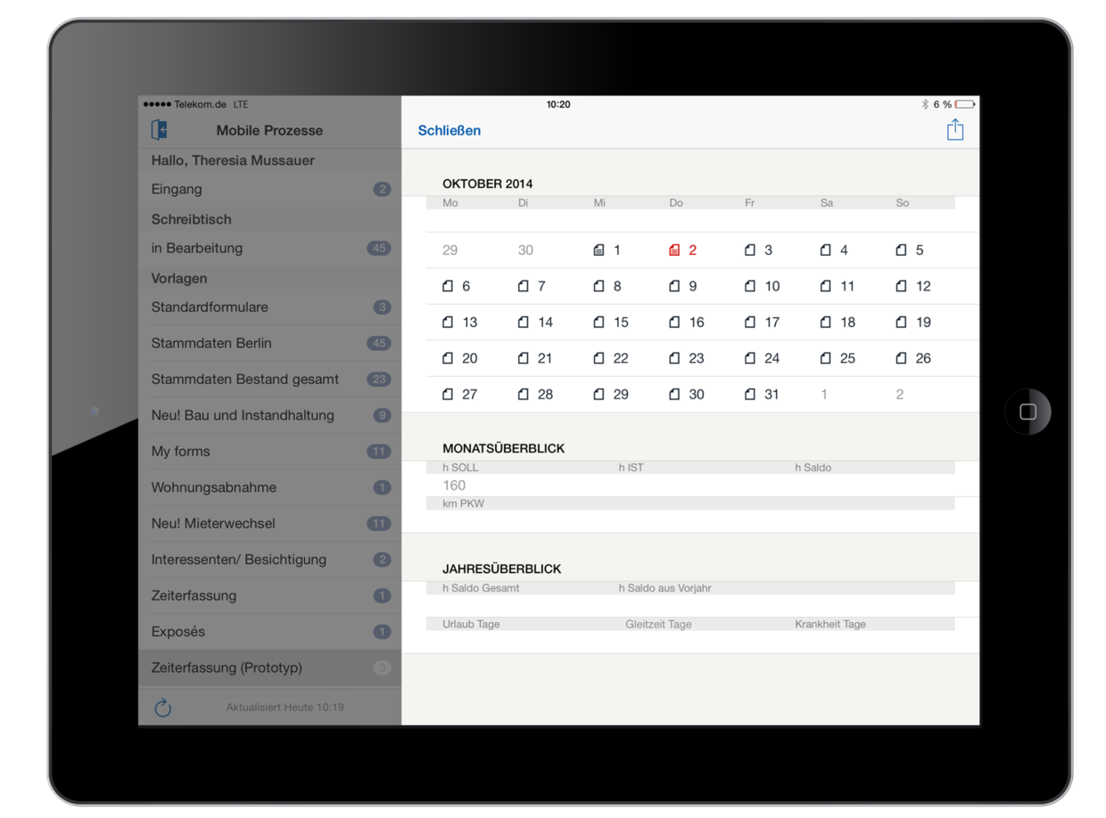 Kalendersicht zur Zeiterfassung in der easysquare mobile App: Der Mitarbeiter wird intuitiv durch die Anwendung auf dem iPad geführt.