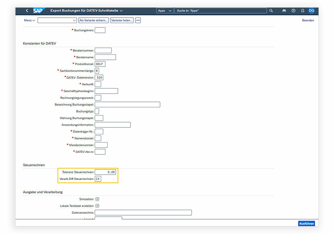 In der übersichtlichen Eingabemaske kann der Toleranzbereich für Cent-Abweichungen beim Steuerrechnen festgelegt werden.  Es kann nun eine Centabweichung in der PROMOS DATEV Schnittstelle festgelegt werden.