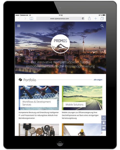 Abbildung 1: Das neue Design der PROMOS Website passt sich den Anforderungen der verschiedenen Endgeräte optimal an. Das neue Design der PROMOS Website passt sich den Anforderungen der verschiedenen Endgeräte optimal an.