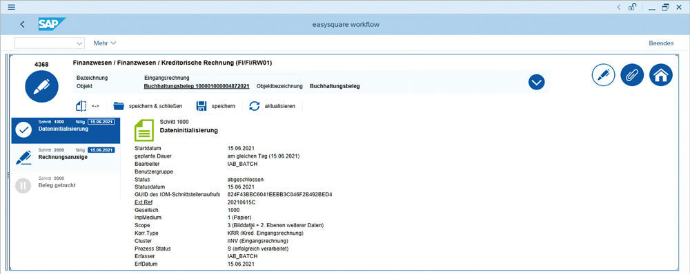 Abbildung 1: Der Schritt Dateninitialisierung in easysquare workflow liefert wichtige Informationen zur Weiterverarbeitung von Dokumenten in SAP ® . PROMOS Dokumentenschnittstelle zur nahtlosen Weiterverarbeitung digitalisierter Dokumente in easysquare workflow und SAP
