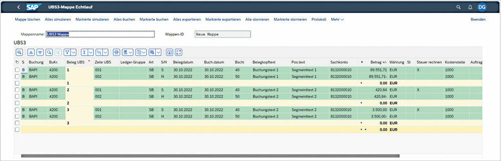 Abbildung 1: In der Übersicht der eingelesenen Daten existieren neue Funktionalitäten zur Datenhaltung, zum Massenstorno und zur Belegsimulation. Echtlauf-Mappe der Universalbuchungsschnittstelle von PROMOS