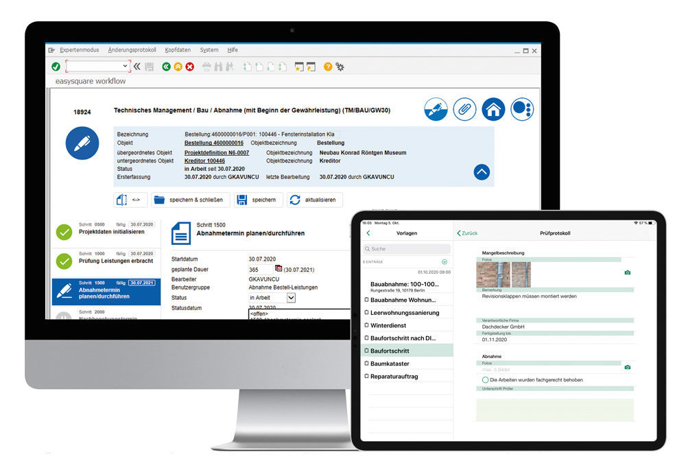Abbildung 1: Die easysquare Professional App und SAP ® bilden das Dream-Team für eine effiziente Nachverfolgung von Mängel- und Gewährleistungen im Baubereich.  Dreamteam aus SAP und easysquare Professional App für eine effiziente Mängel- und Gewährleistungsverfolgung