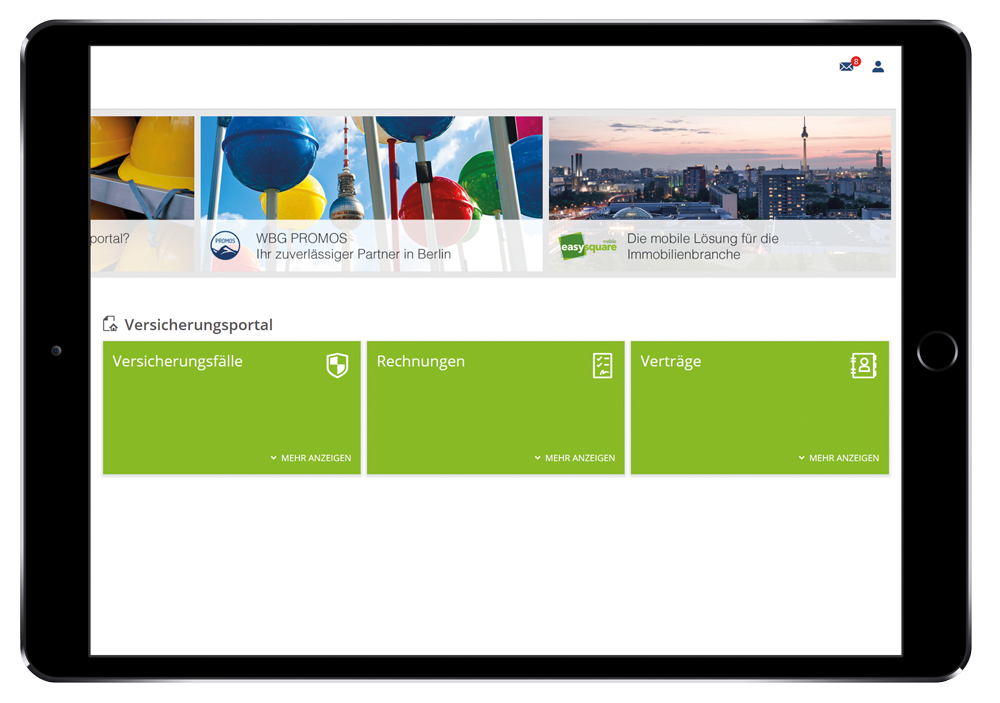 easysquare Versicherungsportal im neuen Kacheldesign auf dem iPad