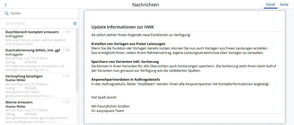 Produktinformation im Nachrichtendienst des easysquare Handwerkerportals