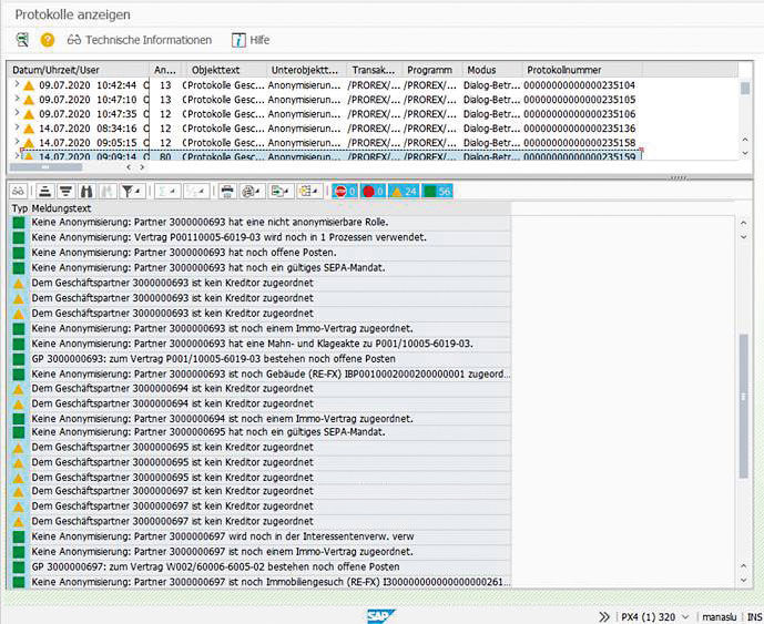 Abbildung 1: Ein Protokoll zeigt, dass aktive Geschäftsbeziehungen sowie offene Posten zum ausgewählten Geschäftspartner bestehen, weshalb eine Anonymisierung zum Zeitpunkt der Prüfung nicht möglich ist.  Anonymisierungsprotokoll personenbezogener Daten im PROMOS Lösungspaket Datenschutz