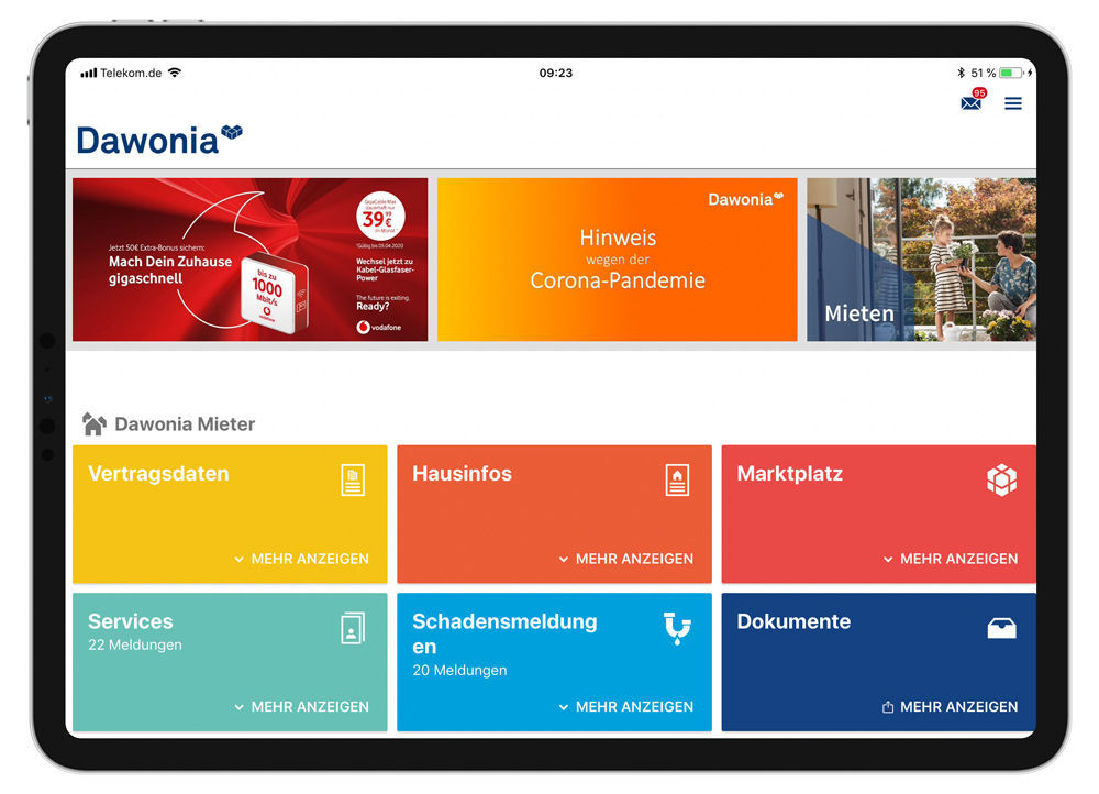 In der easysquare Mieter-App der Dawonia existiert eine gesonderte Kachel, die auf Informationen zur Corona-Pandemie verweist. Das Karussell der easysquare Mieter-App kann flexibel angepasst werden.