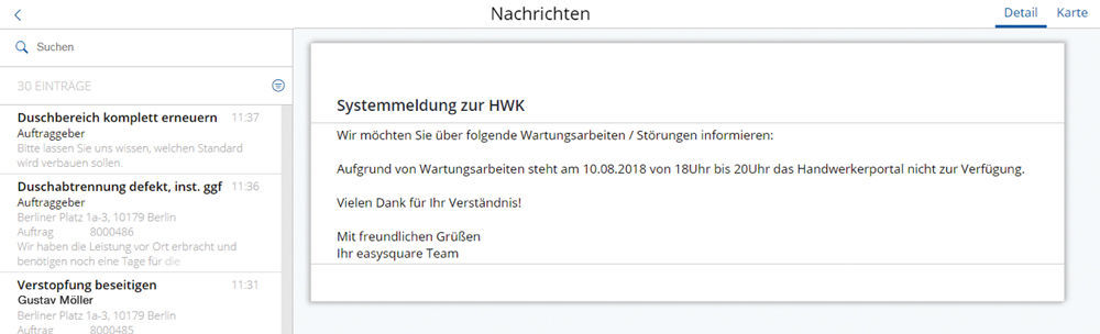 Abbildung 11: Systemmeldung im Nachrichtendienst des Handwerkerportals.  Systemmeldung im Nachrichtendienst des easysquare Handwerkerportals