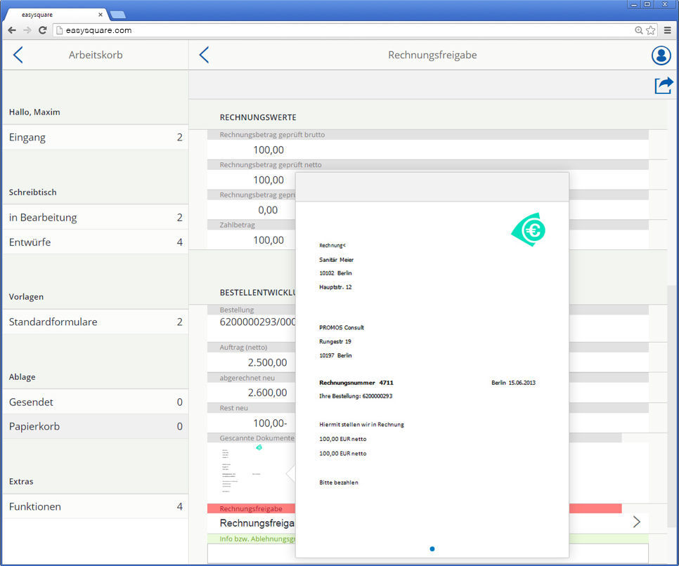 Ansicht der freizugebenden Rechnung in der easysquare mobile WebApp