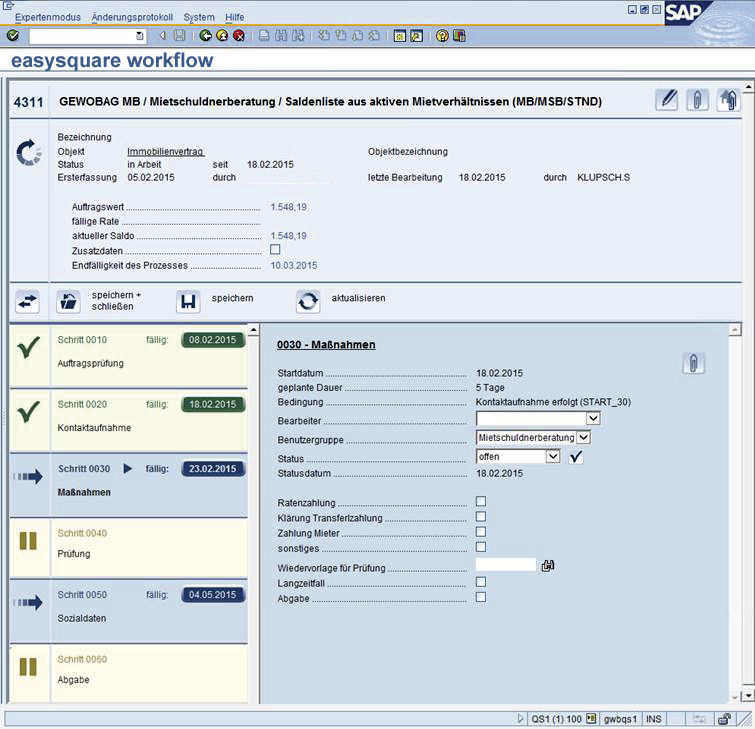 Auftragsbearbeitung zur Mietschuldnerberatung in easysquare workflow bei der Gewobag Berlin