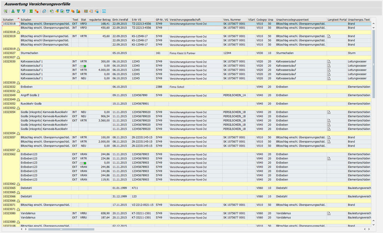 SAP Maske zur Auswertung der Versicherungsfälle