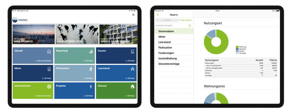 Abbildung 1: In der Reporting-App stehen die wesentlichen Kennzahlen und Auswertungen des Portfolios übersichtlich zur Verfügung. Für die Visualisierung stehen fünf Diagrammtypen zur Verfügung. easysquare Reporting-App zur Auswertung von Immobilienkennzahlen und Portfolien