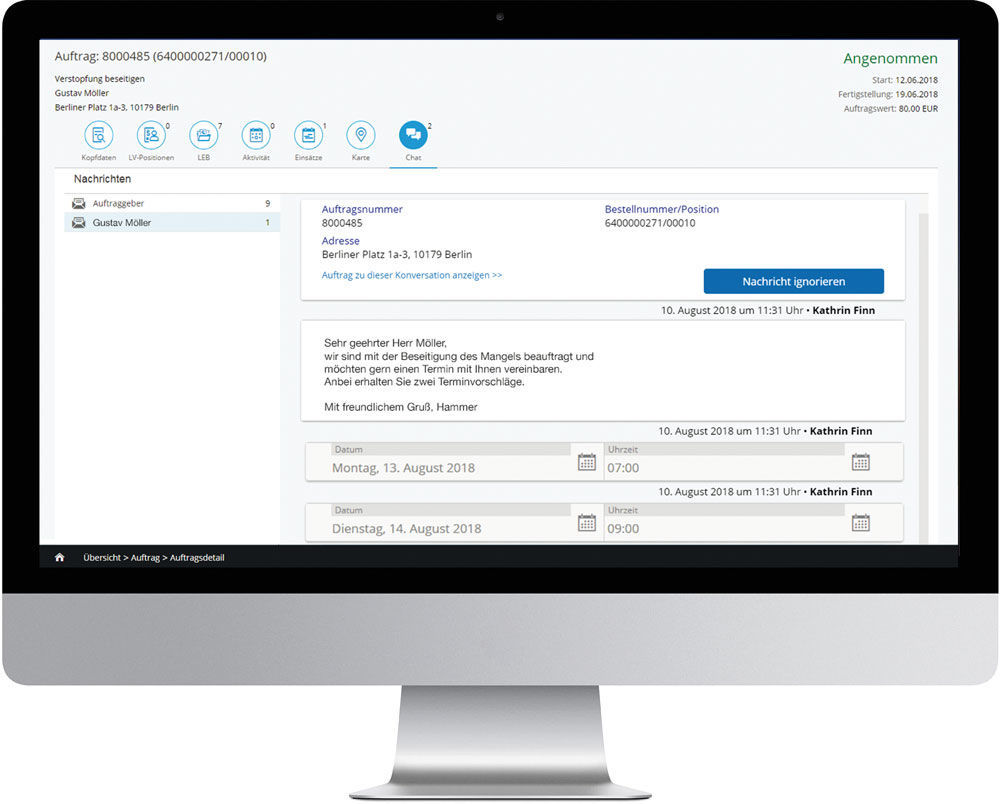 Chat mit dem Mieter zum Auftrag im Handwerkerportal.  PROMOS KPI Dashboard für das digitale Immobilienmanagement