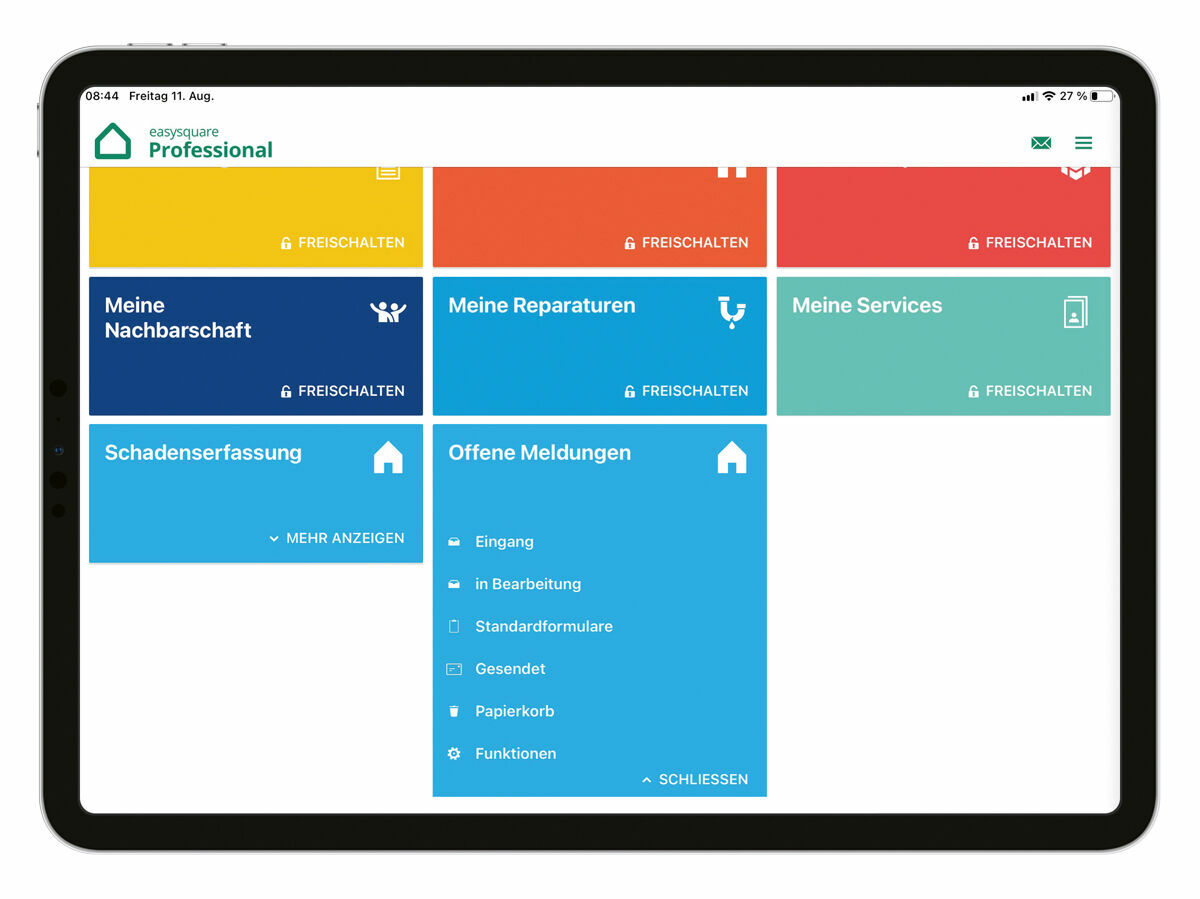 Abbildung 1: Über die neue Kachel „Offene Meldungen“ können in der easysquare Professional App bereits erfasste Schäden eingesehen werden. Über die neue Kachel „Offene Meldungen“ können in der easysquare Professional App bereits erfasste Schäden eingesehen werden.