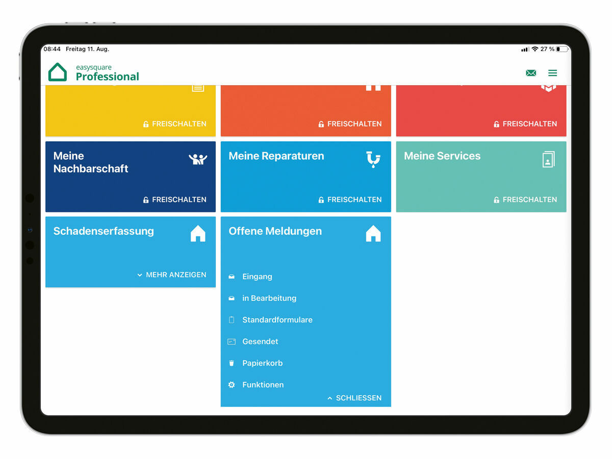 Über die neue Kachel „Offene Meldungen“ können in der easysquare Professional App bereits erfasste Schäden eingesehen werden.