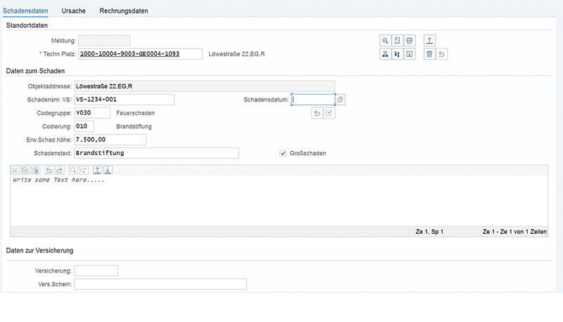 Abbildung 1: In SAP ® können alle relevanten Daten zum Schaden mittels einer Schnellerfassungsmaske einfach und bequem aufgenommen werden.  Schnellerfassungsmaske für die Schadenserfassung im easysquare Versicherungsportal