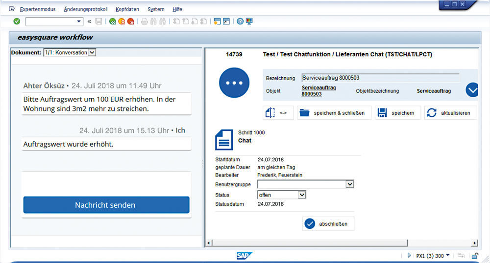 Abbildung 2: Chat mit dem Auftraggeber zum Auftrag in easysquare workflow in SAP ® .  Chat mit dem Auftraggeber zum Auftrag in easysquare workflow in SAP®