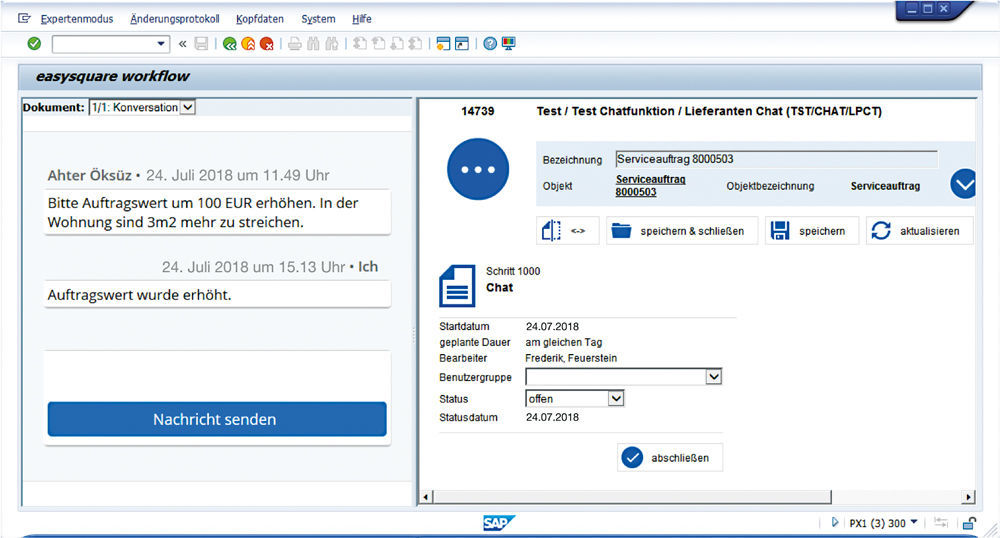 Chat mit dem Auftraggeber zum Auftrag in easysquare workflow in SAP®