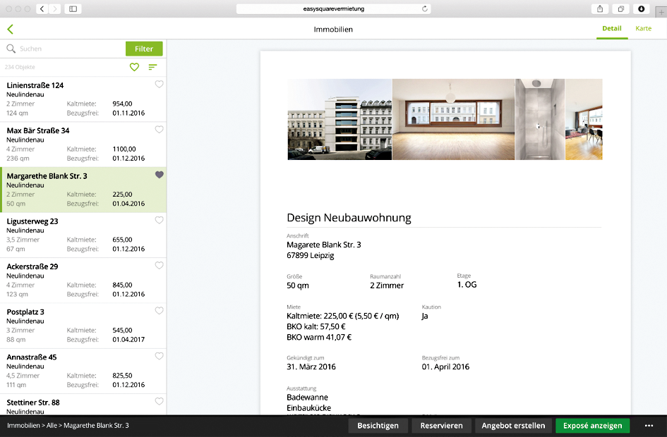 Der Dienst "Immobilien" mit den Objektstammdaten in der easysquare Vermietungslösung, hier Darstellung in der WebApp (via Desktopaufruf)