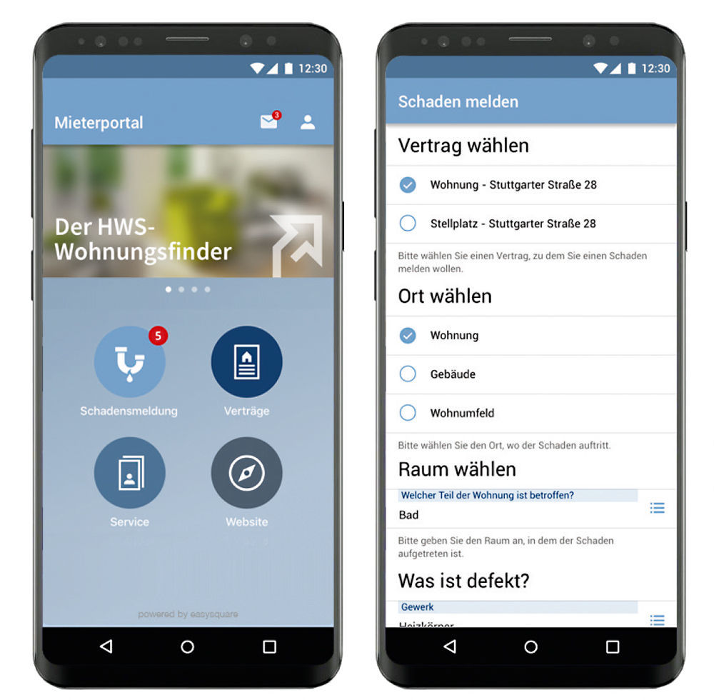 Abbildung 2+3: Mühelose Mieterkommunikation mit der HWS Mieter-App für Android, iOS oder als WebApp powered by easysquare (links). Exemplarischer Aufbau eines digitalen Formulars in der HWS Mieter-App, hier am Beispiel einer Schadensmeldung (rechts). Die Mieter-App der Hilfswerk-Siedlung Berlin powered by easysquare