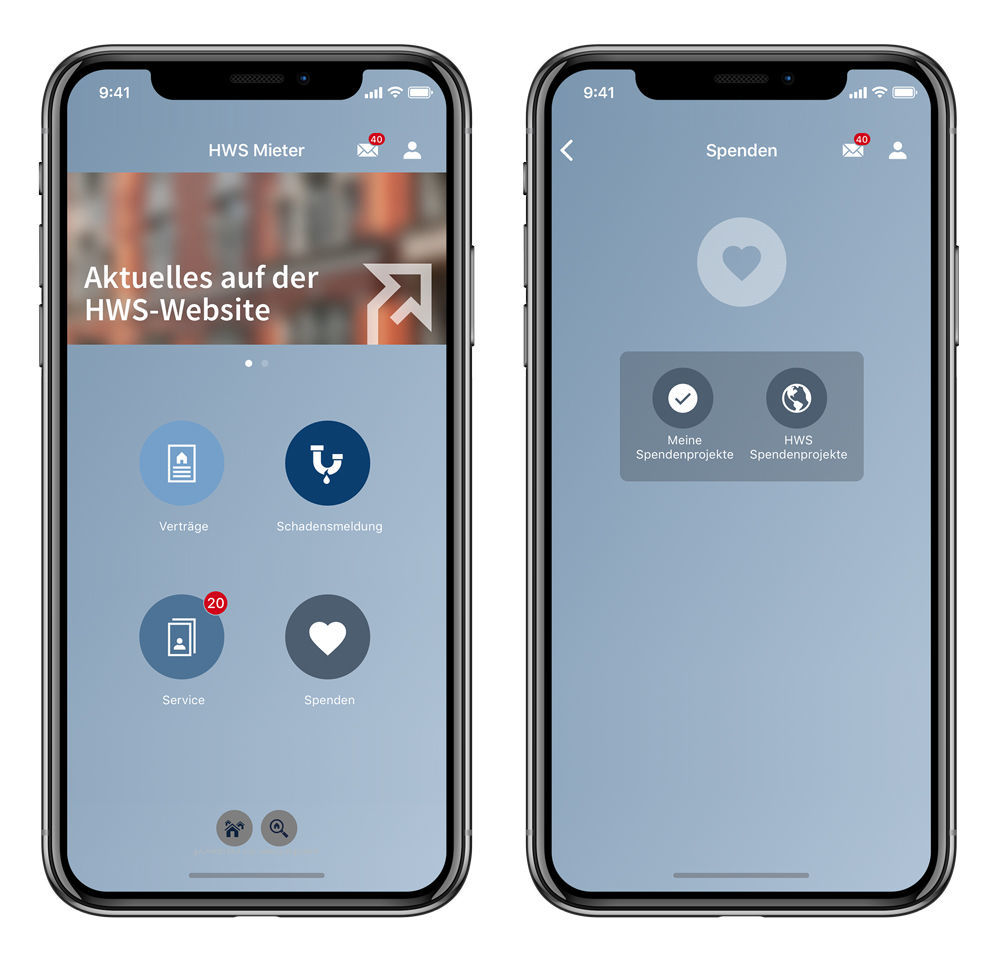 Neben den "klassischen" Services einer Mieter-App integriert die HWS die praktische Spendenfunktion. Spendenfunktion in der Mieter-App der Hilfswerk-Siedlung GmbH (HWS) powered by easysquare