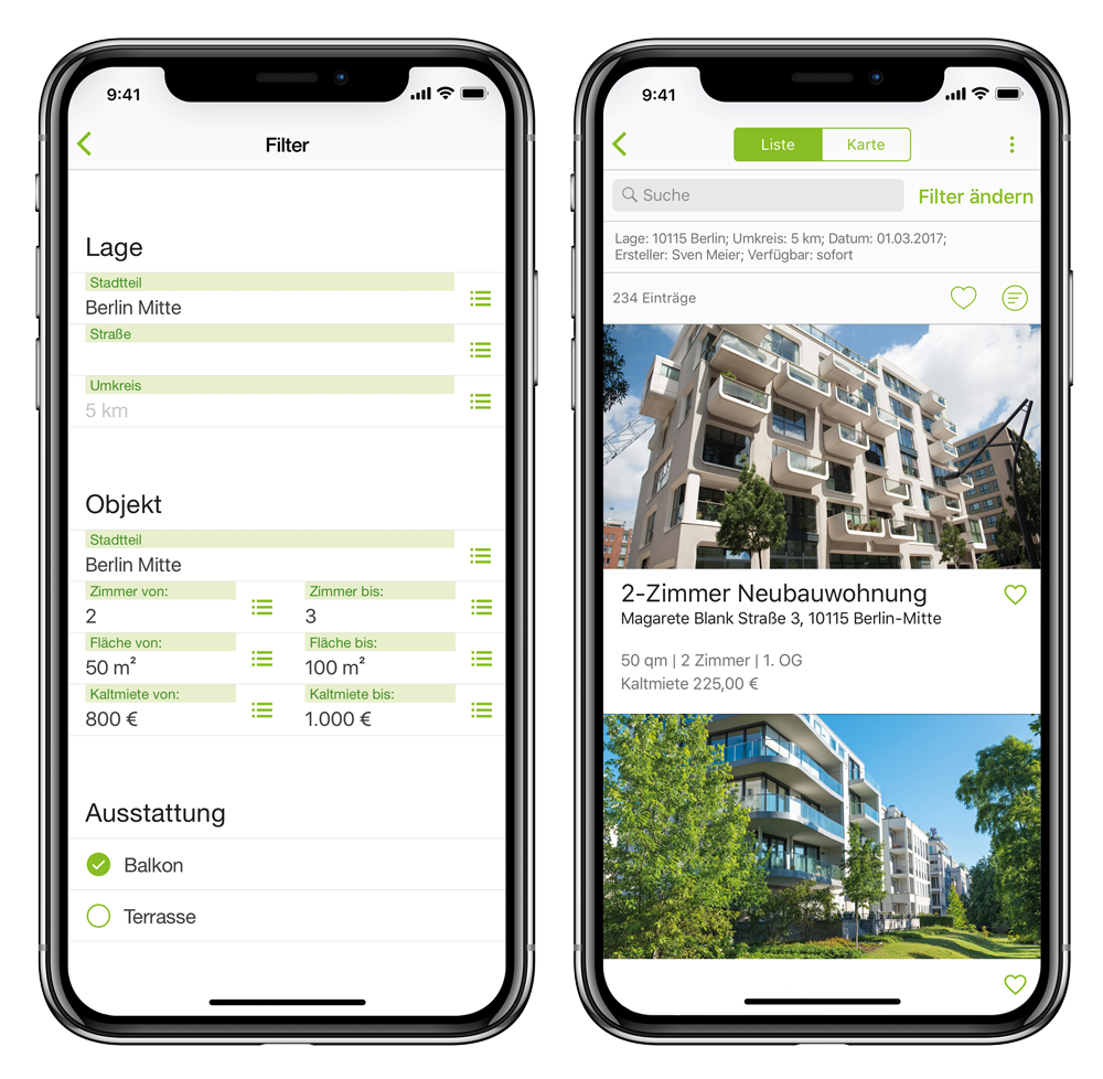 Abbildung 2+3: Einfach und übersichtlich - die Immobiliensuche (links). Ergebnisliste einer Suchanfrage (rechts). easysquare Interessenten App aus dem Hause PROMOS