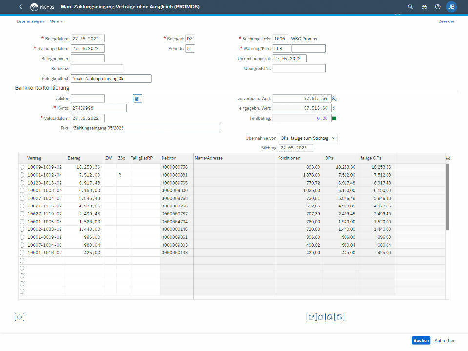 Erfassungsmaske Massenerfassung von Zahlungseingängen