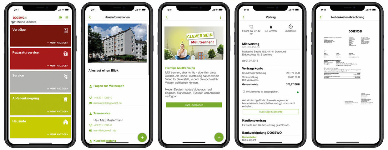 Abbildung 1: Alle wichtigen Verträge, verschiedene Services sowie Hausinformationen oder Nebenkostenabrechnung können schnell und einfach über das App-Menü ausgewählt werden. DOGEWO21 Mieter-App powered by PROMOS consult