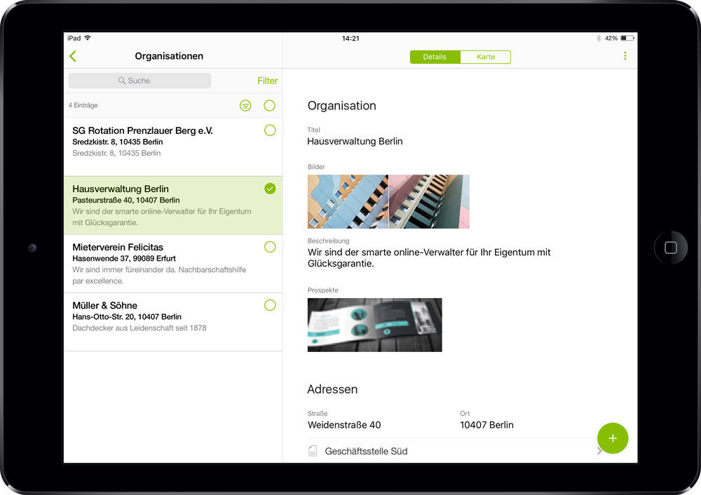 Weiterhin wird festgelegt, welche Daten der Organisation für andere sichtbar sein, und welche Personen zugeordnet werden sollen. Nach dem Anlegen eines Postfaches können Nachrichten, Formulare und Vorgänge von außen empfangen werden. Intern können Daten der Organisation gepflegt werden. Die Kontoverbindungen in der Organisation dienen dazu, Geldeingänge verarbeiten zu können. Über die Paypal-Integration kann die Organisation Zahlungen empfangen, die z. B. über elektronische Formulare als Zahlungsaufforderung bzw. Rechnung versendet wurden. Die Kalender-Integration ermöglicht die Verknüpfung von Terminen, von Formularen und Vorgängen mit einem externen Kalendersystem der Organisation. Über die E-Mail-Einstellungen kann für das Versenden von E-Mails ein externes E-Mail-System der Organisation angebunden werden. Fazit: Durch innovative Funktionen erleichtert die App den Arbeitsalltag von Verwaltern und bringt so die mobile Bestandsverwaltung auf ein neues Level. Die einfache Bedienung und das moderne Design überzeugen – unsere Experten stehen Ihnen gern für ein Beratungsgespräch zur Verfügung. Organisation der Verwaltungsaufgaben von Immobilien in der easysquare Verwalter-App