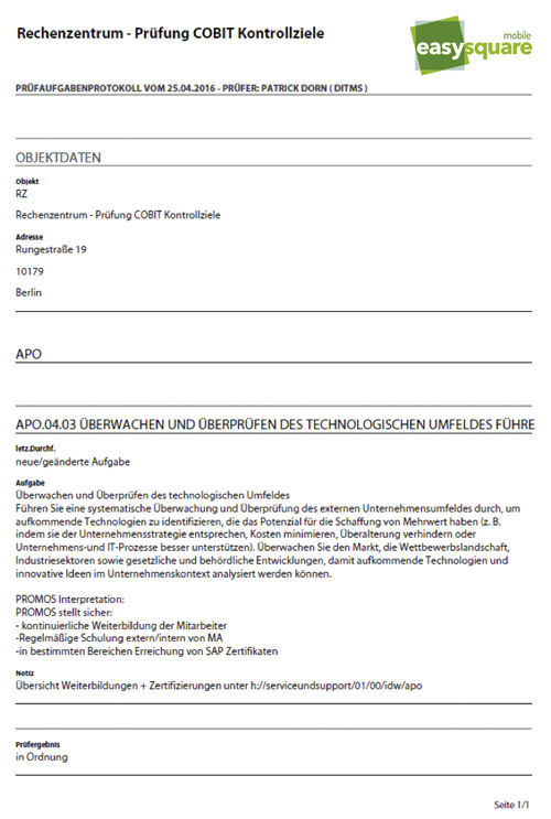 Abbildung 3: PDF-Dokument zum Nachweis durchgeführter Prüfmaßnahmen. PDF-Dokument zum Nachweis durchgeführter Cobit-Prüfmaßnahmen mit der easysquare mobile App