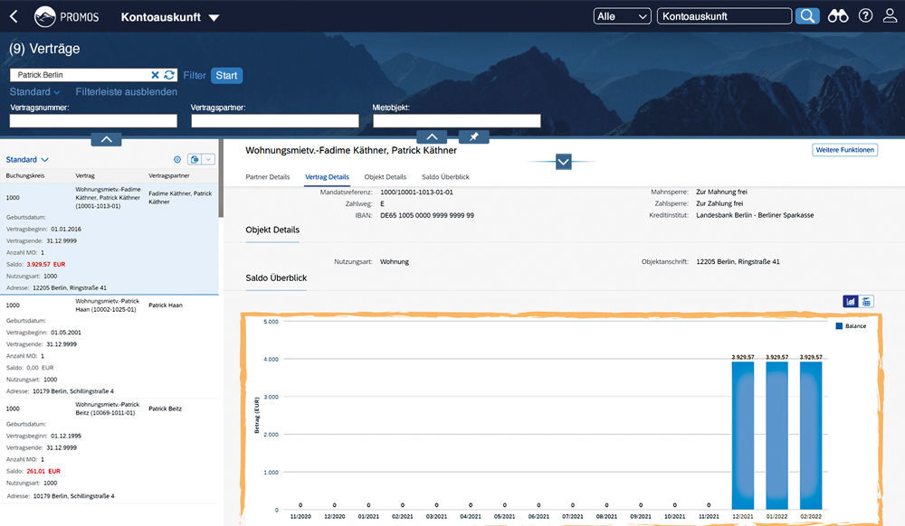 Grafische Visualisierung des Vertragssaldos eines Mieters in der PROMOS Kontoauskunft für SAP Fiori