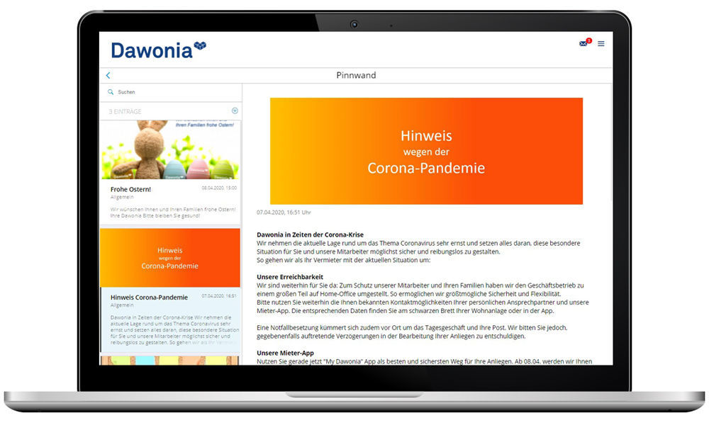 Auf der Pinnwand der easysquare Mieter-App können aktuelle Informationen zur Corona-Pandemie kurzfristig veröffentlicht werden. Auf der Pinnwand der easysquare Mieter-App erscheinen aktuelle News der Wohnungsunternehmen.