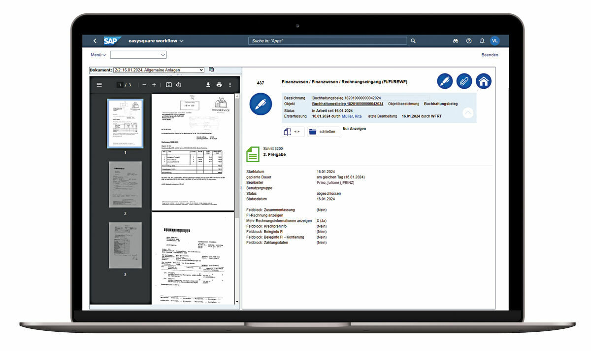 Abbildung 1: Rechnungen werden auf der benutzerfreundlichen, intuitiven Weboberfläche übersichtlich dargestellt. Digitale Rechnungsprüfung bei petruswerk