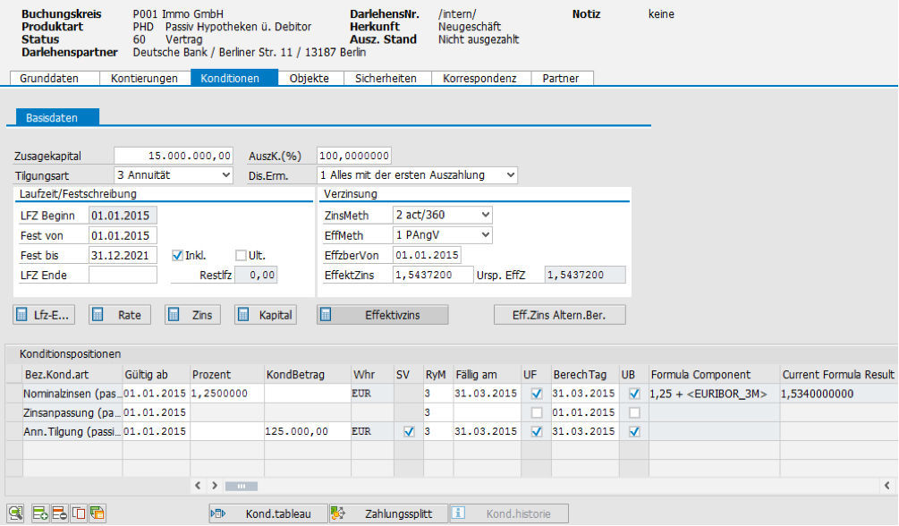 Reiter Konditionen mit übersichtlicher Darstellung wichtiger Daten zum Darlehen in der PROMOS Lösung für Darlehensverträge
