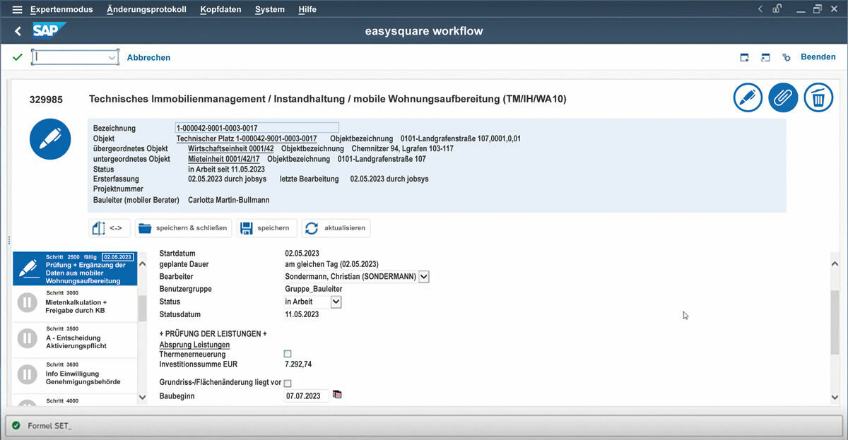 Abbildung 2 In der SAP ® -Ansicht sind im blauen Prozesskopf alle technischen Daten erkennbar. In der linken Leiste sehen Bearbeiter alle Prozessschritte. Wird ein Prozessschritt abgearbeitet, färbt er sich grün und bekommt einen Haken. Easysquare workflow führt die DOGEWO Mitarbeitenden durch den Prozess der Wohnungsaufbereitung